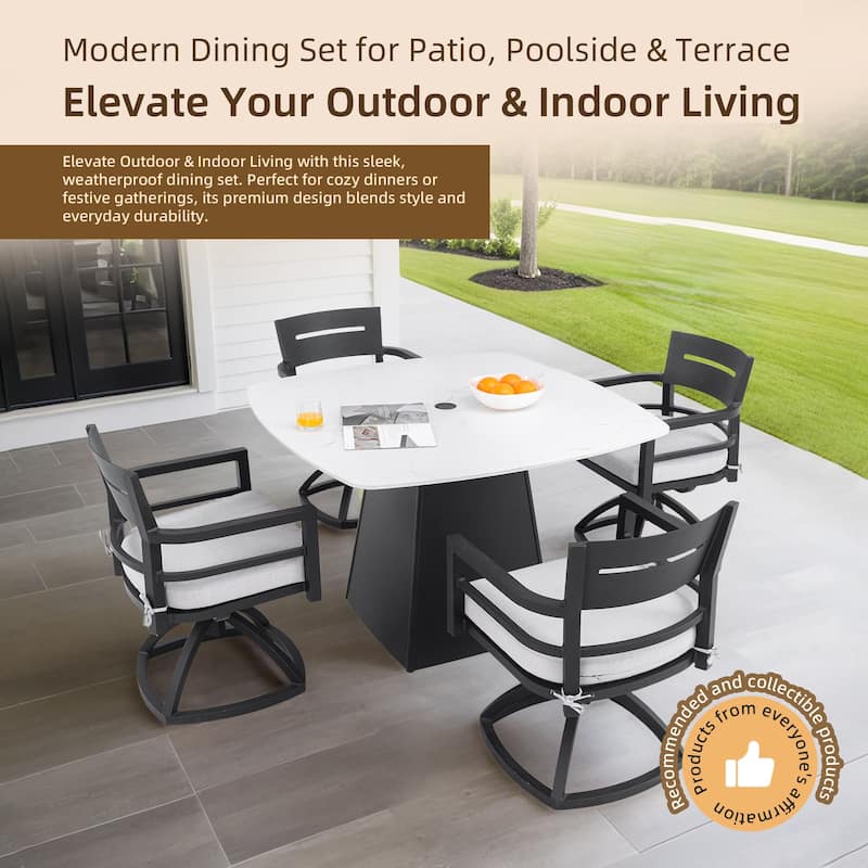 5-Piece Outdoor Aluminum Square Dining Set with Sintered Stone Top, Swivel Rockers, Sunbrella Fabric