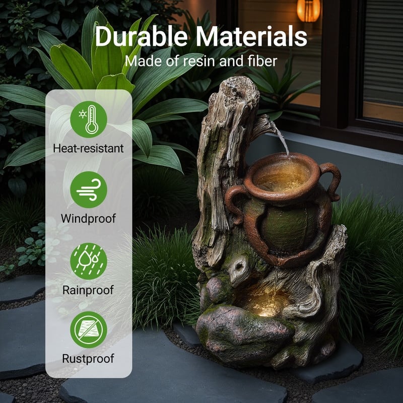 Vbal Outdoor Fountain with LED Lights Faux Wood Tree Trunk Design
