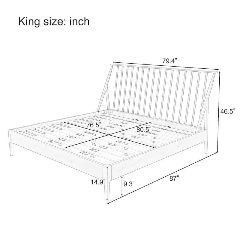 Solid Bamboo Platform Bed Bohemian Bed Frame with 46.5" Tall Spindle Headboard/Wooden Slats & Metal Support/No Box Spring Needed