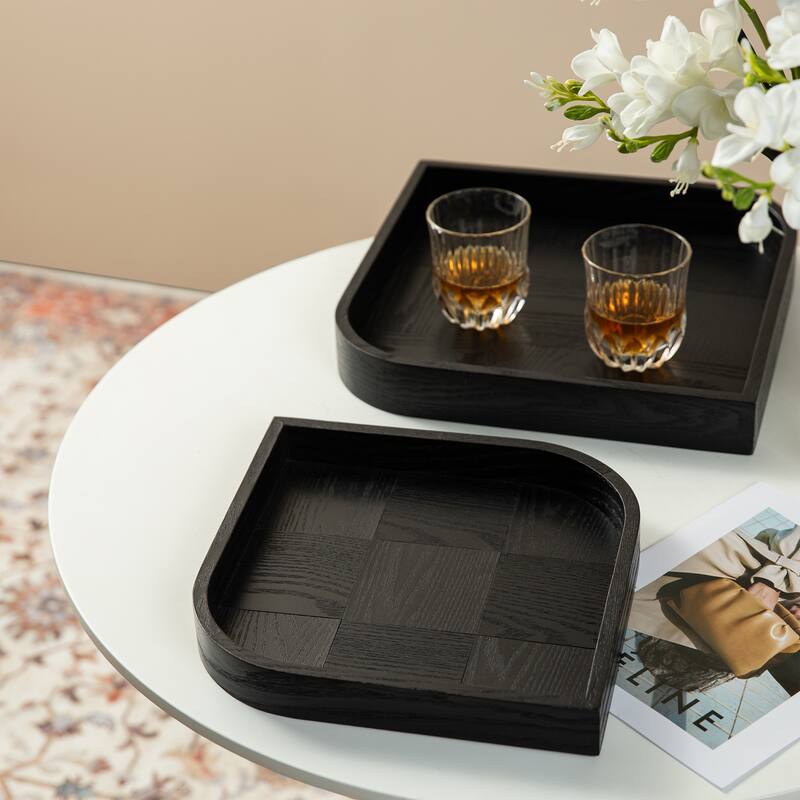 Glitzhome 11.5"/ 14"D Modern Leaf Shape Carved Wooden Decorative Trays Set of 2