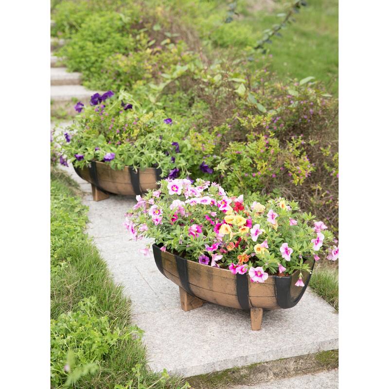 Gardenised 2-Piece Rectangular Half Barrel Flower Pots Rustic Farmhouse Style Faux Wood Planter Containers for Indoor & Outdoor