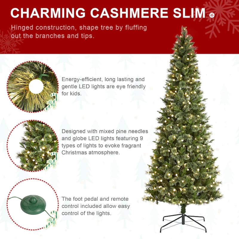 Glitzhome 7.5ft/9ft Pre-Lit Green Slim Pine Artificial Christmas Tree with Foot Pedal & Remote Control