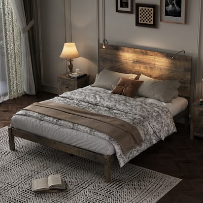 Roomfitters Farmhouse Wooden Platform Queen Size Bed, Modern Design with Two Built-In Bedside Lights and Antique Walnut Finish