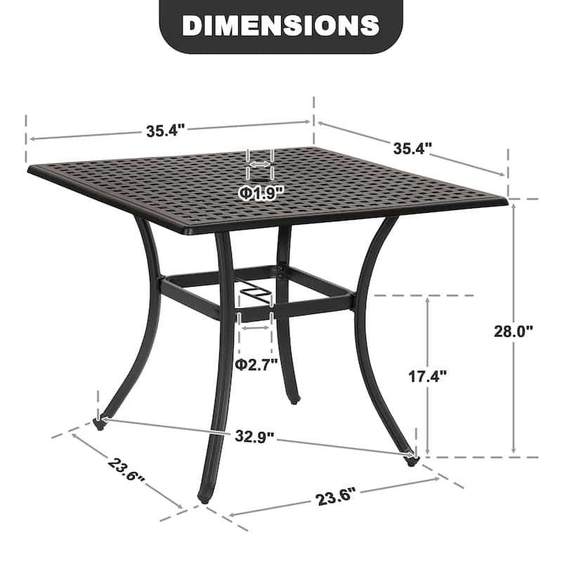 Square Cast Aluminum Outdoor Dining Table with Umbrella Hole and Mesh Tabletop, Black with Gold Speckles