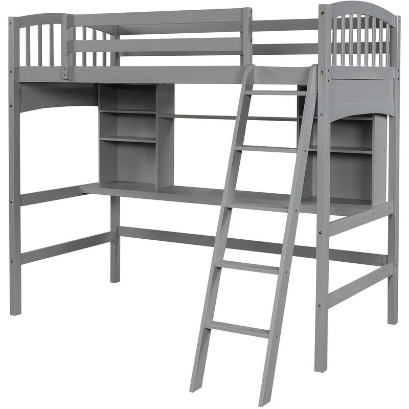 Twin Loft Bed with Desk and Shelves, Space-Saving Design, Solid Pine Wood Frame