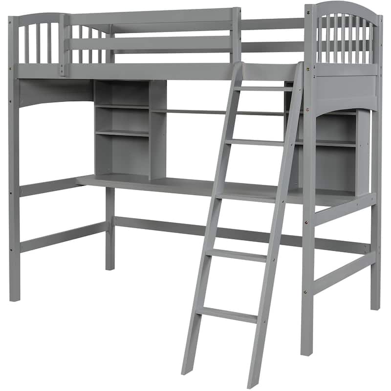 Twin Size Loft Bed with Desk and Shelves, Space-Saving Wooden Frame