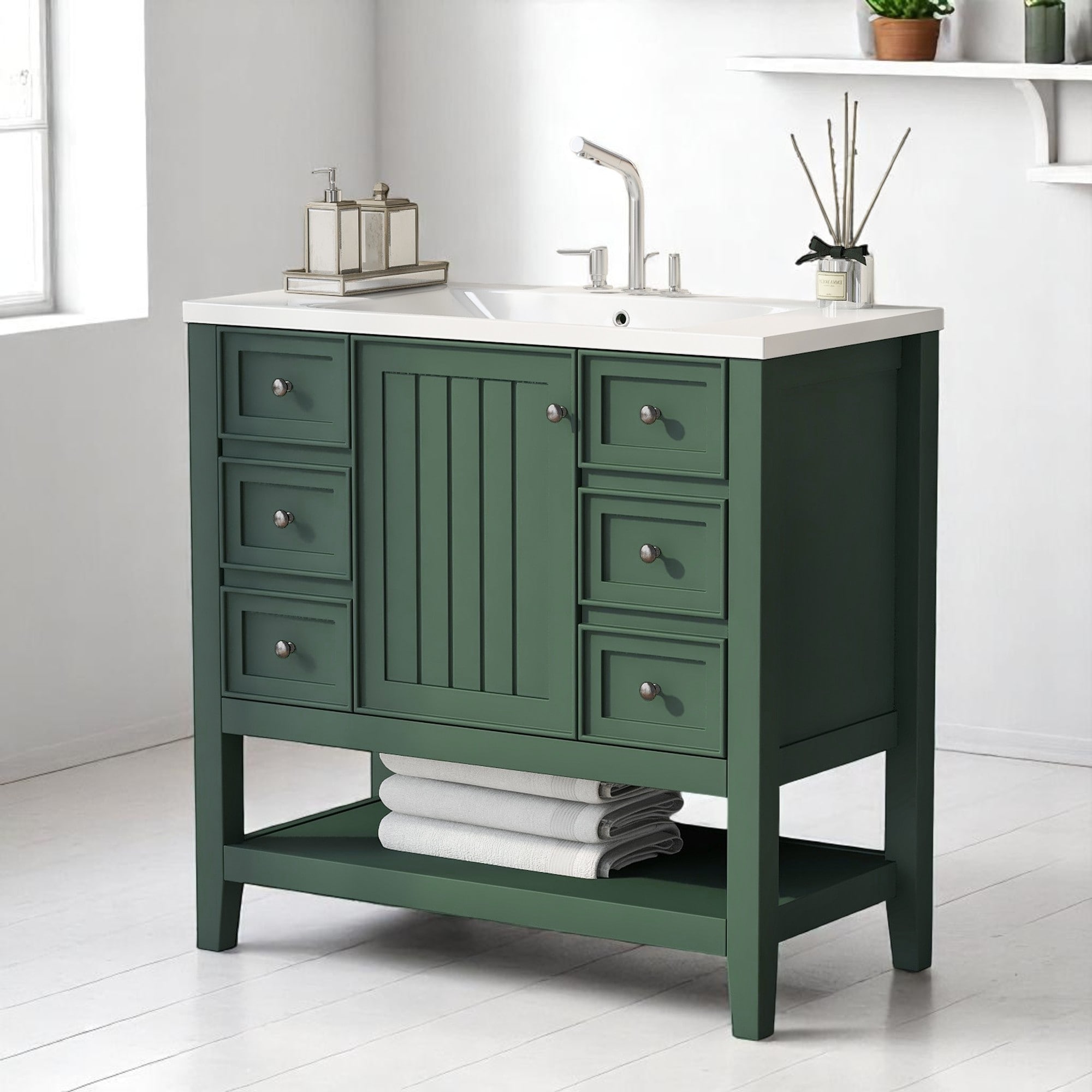 36" Freestanding Bathroom Vanity with Sink Combo, 1 Cabinet, 3 Drawers, Open Shelf, Modern Design