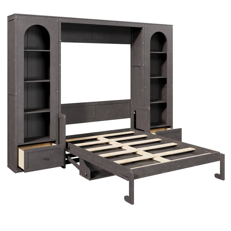 GDFStudio - Modern Wooden Queen Murphy Platform Bed with Side Cabinets, Drawers and LED