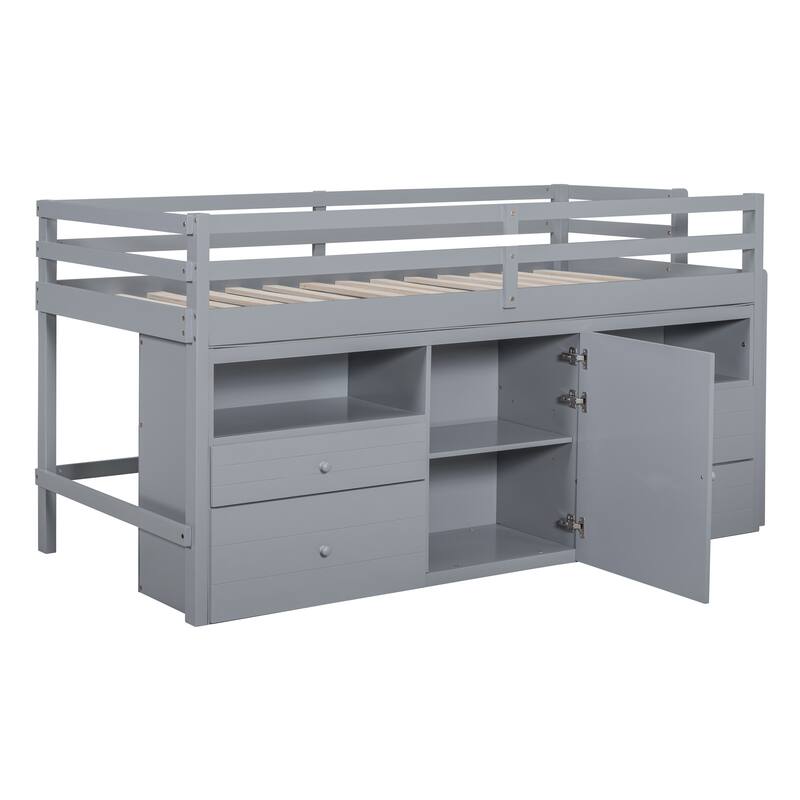 Space-Saving Twin Loft Bed with Drawers, Cabinet, and Shelves in Gray