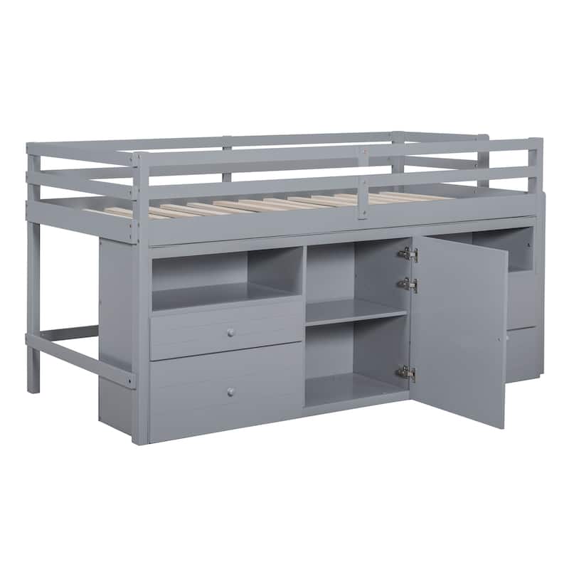 Twin Size Solid Wood Loft Bed with 4 Drawers, Underneath Cabinet and Shelves