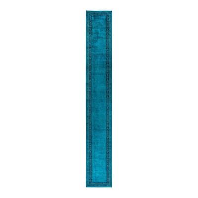 Overton Hand Knotted Wool Vintage Inspired Modern Contemporary Overdyed Blue Runner Rug - 2' 7" x 18' 8"
