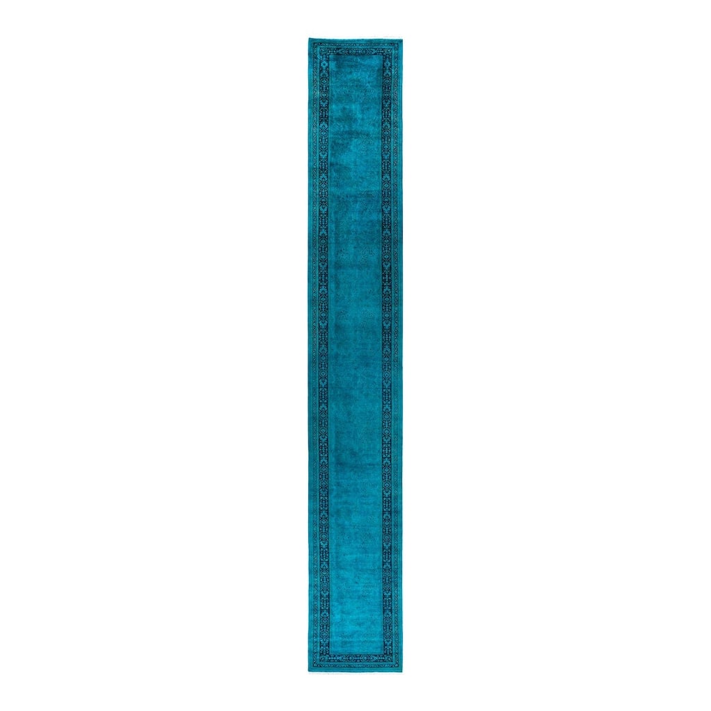 Overton Hand Knotted Wool Vintage Inspired Modern Contemporary Overdyed Blue Runner Rug - 2' 7" x 18' 8"