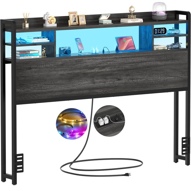 Storage Headboard with USB Port and Power Outlet, Head Board with LED Light for Bed Frame