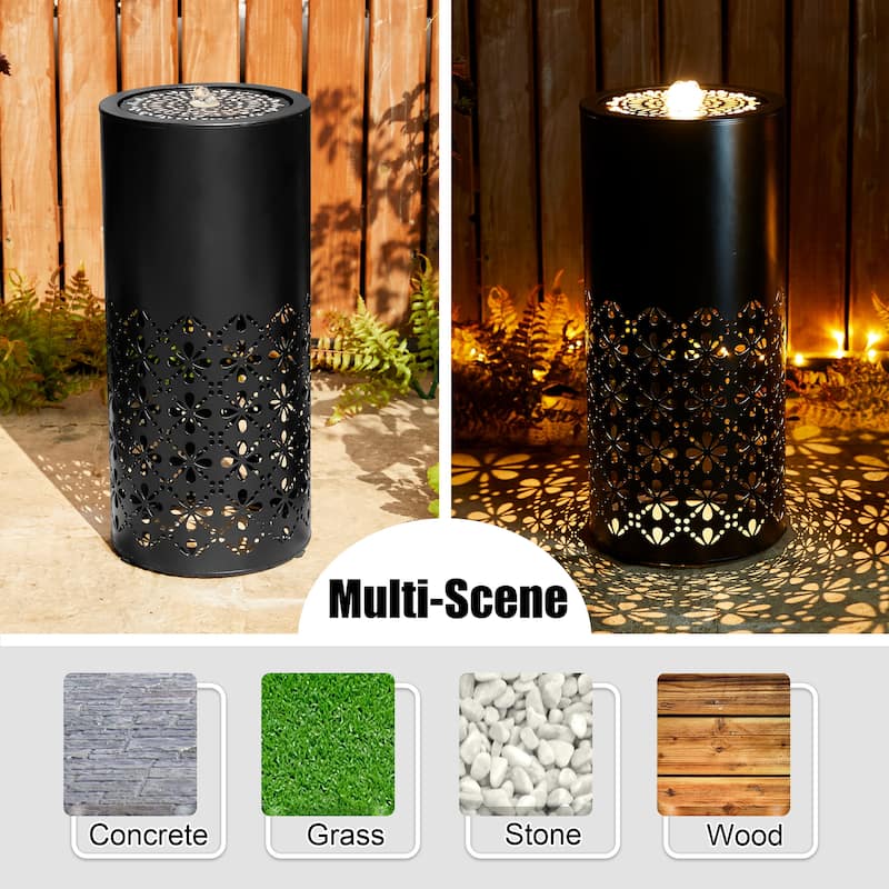 Glitzhome 23.5"H Metal Modern Cutout Pattern Outdoor Fountain with Lights & Shadows