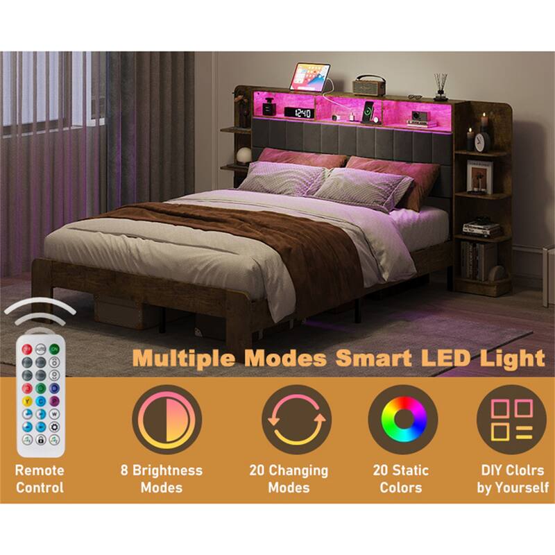 Queen Size LED Platform Bed with Charging Station,Bookcase Shelves