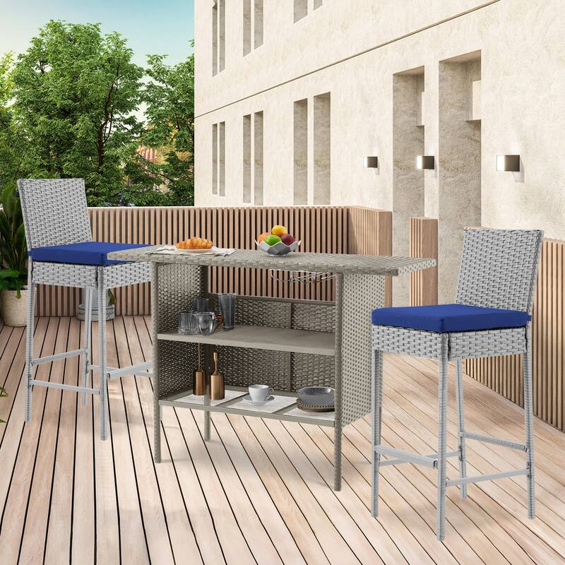 Outdoor Bar Set, Rattan Patio Bar Table & Bar Stools with Cushions, All-Weather 3/5-Piece Bar Height Table Set for Poolside - 3-Piece