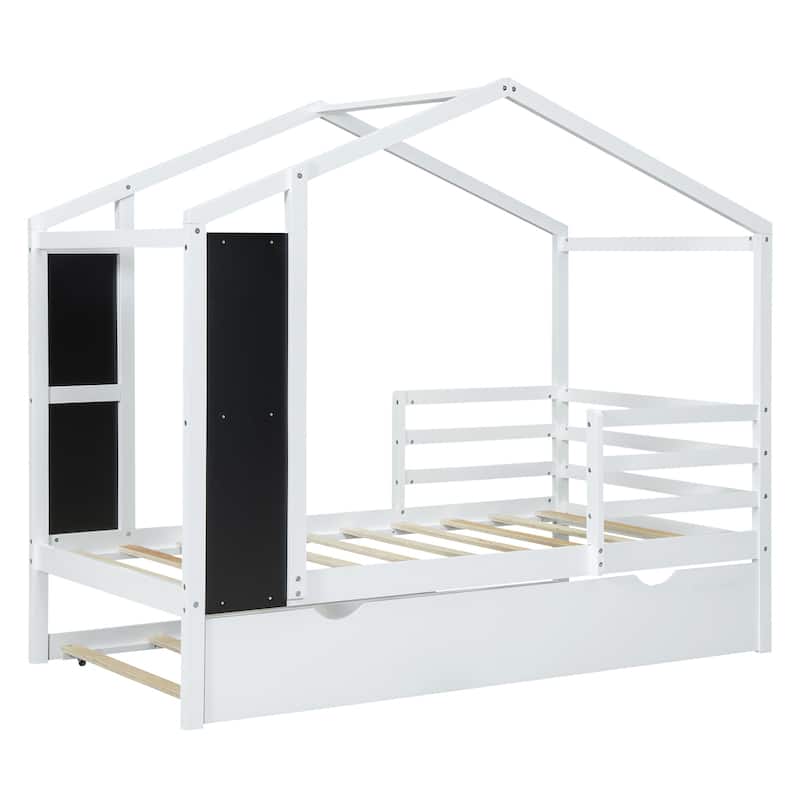 Wood House Bed with Fence and Writing Board