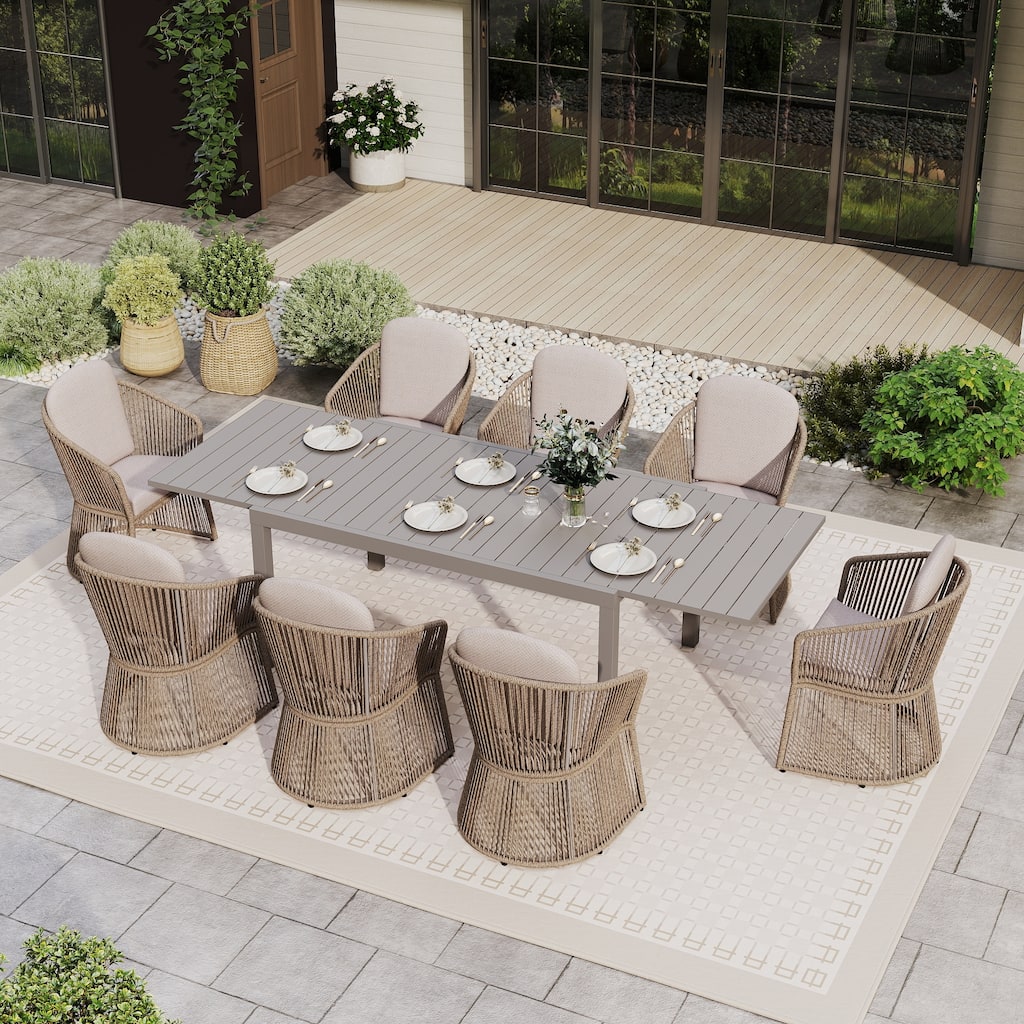 9-Piece Outdoor Extendable Dining Set with Aluminum Table & Rattan Chairs