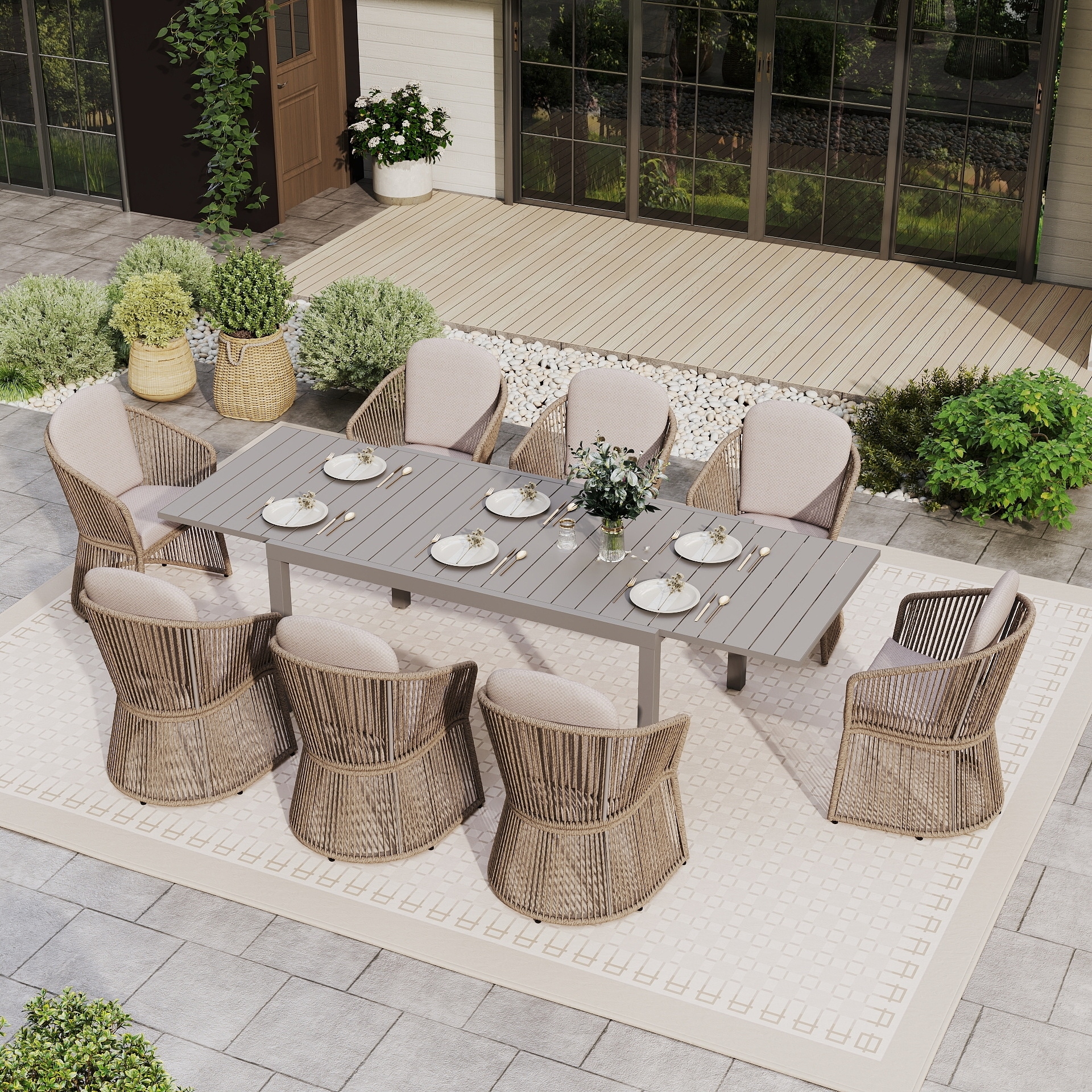 9-Piece Outdoor Extendable Dining Set with Aluminum Table & Rattan Chairs