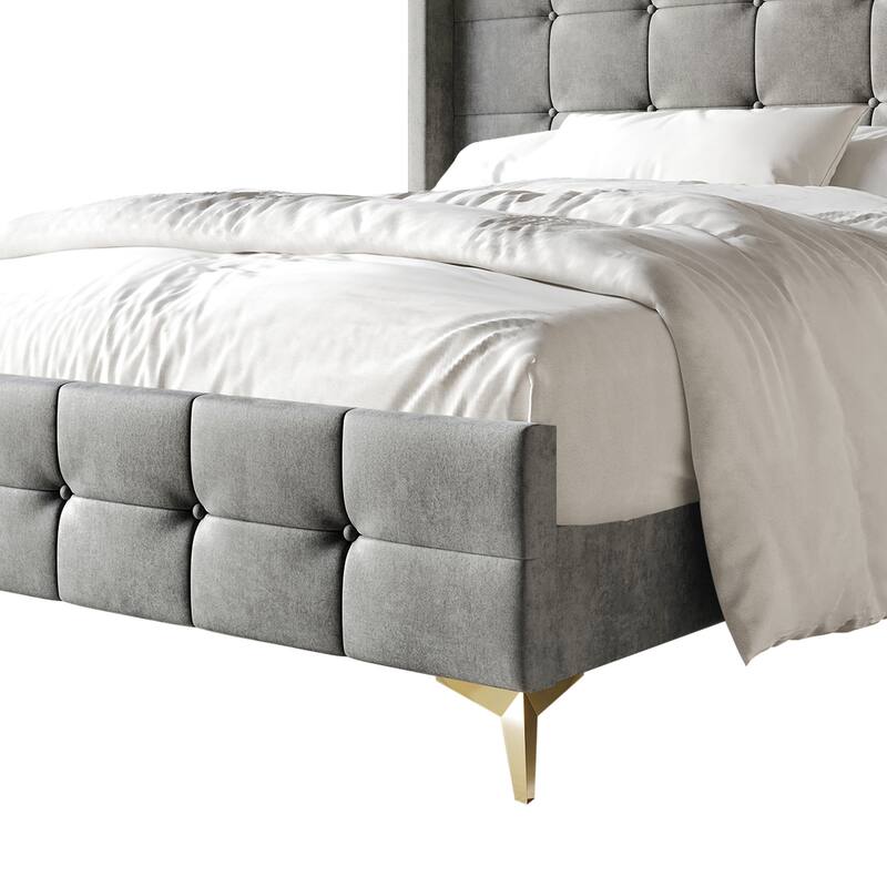 CraftPorch Luxurious Square Button-Tufted Wingback Velvet Upholstered Bed