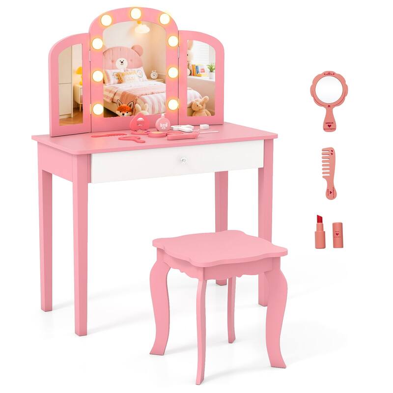 Gymax Kids Vanity Table Set 2-in-1 Princess Makeup Dressing Desk - Pink
