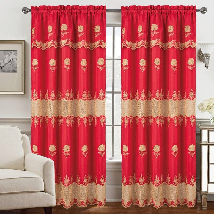Alyssa Embroidered Floral Rod Pocket Window Panel, 54x84 Inches - Red - 54x84 Inches - Red