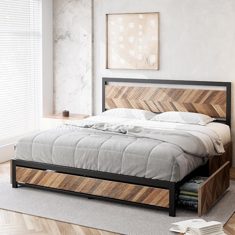 Metal Platform Bed Frame with Rustic Vintage Wood Headboard