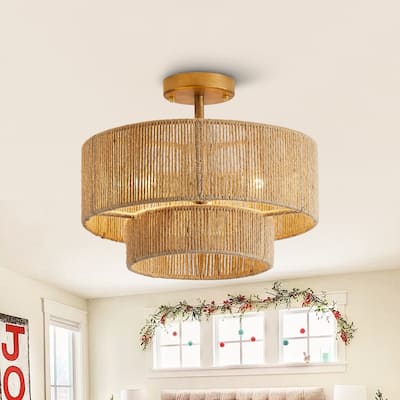 Bohemian Brown Hemp Rope 3-Light Semi-Flush Mount Ceiling Light - 15.4" W x 12.6" H
