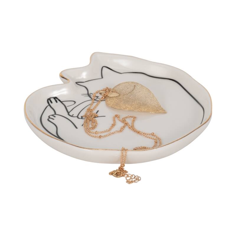 Sagebrook Home Dog and Cat Trinket Tray With Gold Detail, White/Black