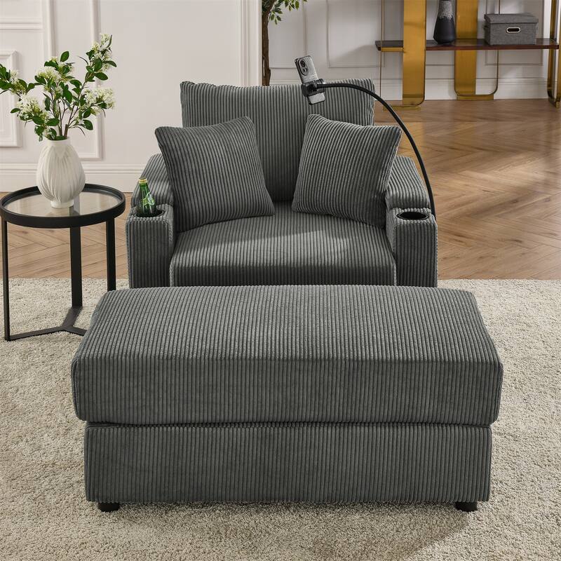 Corduroy Sofa Accent Chair & Ottoman Set, Single Chaise Lounge Couch with Storage Armrests, Cup Holders and Phone Stand - Grey
