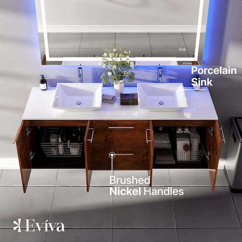 Lux 60"W Rosewood DS Bath Vanity with Quartz Top & Vessel Sinks