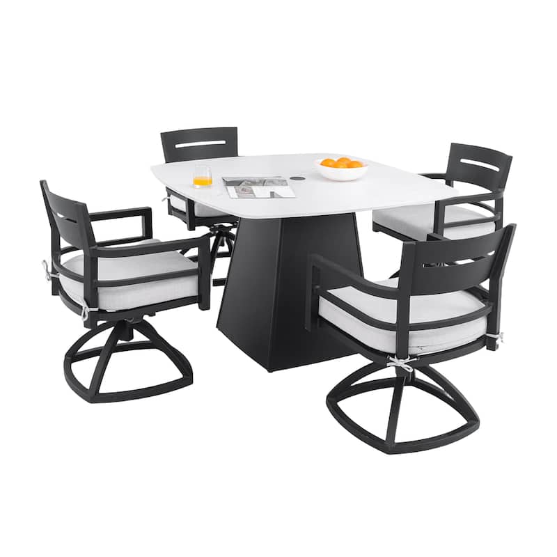 5-Piece Outdoor Aluminum Square Dining Set with Sintered Stone Top, Swivel Rockers, Sunbrella Fabric