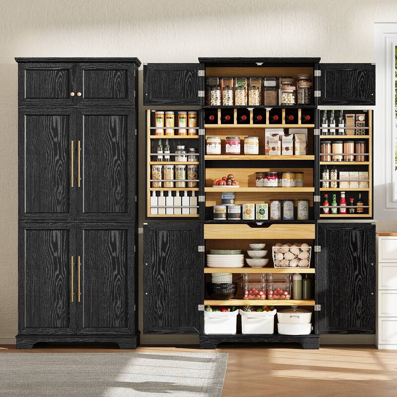78.2" Kitchen Pantry Cabinet, Farmhouse Storage Cupboard with 8 Door Shelves, 4 Adjustable Shelves, Hidden Drawer & Wine Rack