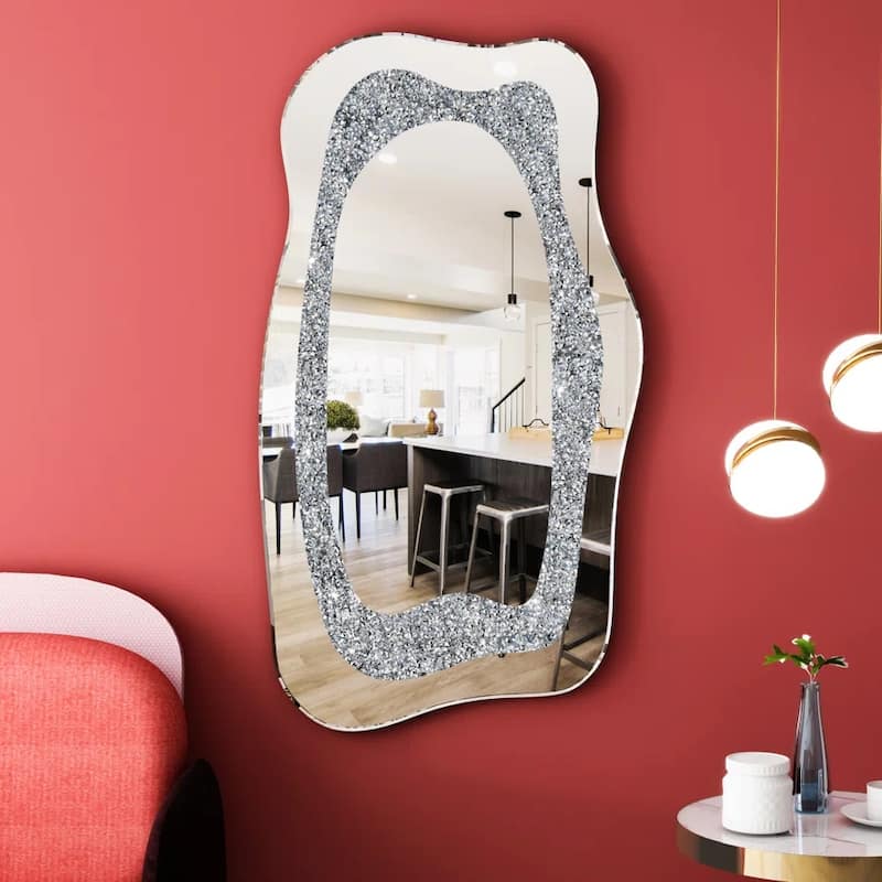 Irregular Wall Mirror Crushed Diamond Inlay Accent Mirror - Silver