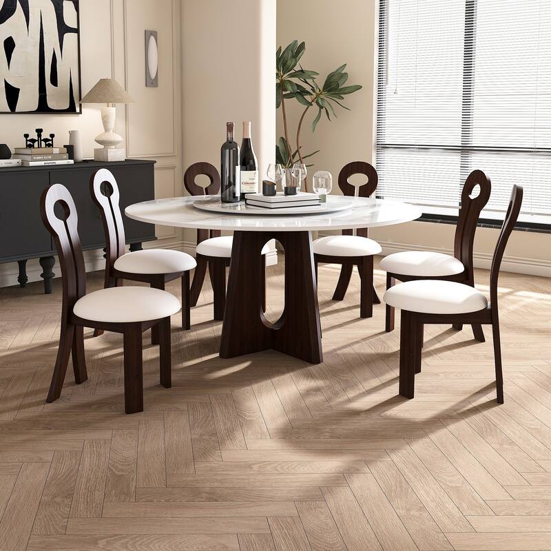 Roomfitters Dining Chairs Set of 2, Walnut Solid Wood Key Back Chairs with PU Leather Round Seat for Kitchen Dining Room, Walnut - Walnut