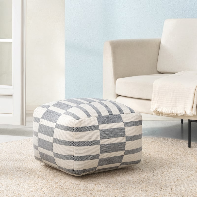 Jani 22-inch Ottoman Pouf - Handcrafted Handmade Ottoman for Seating, Footrest, Home Decor for Living Room, Bedroom - Ivory/Gray Maze