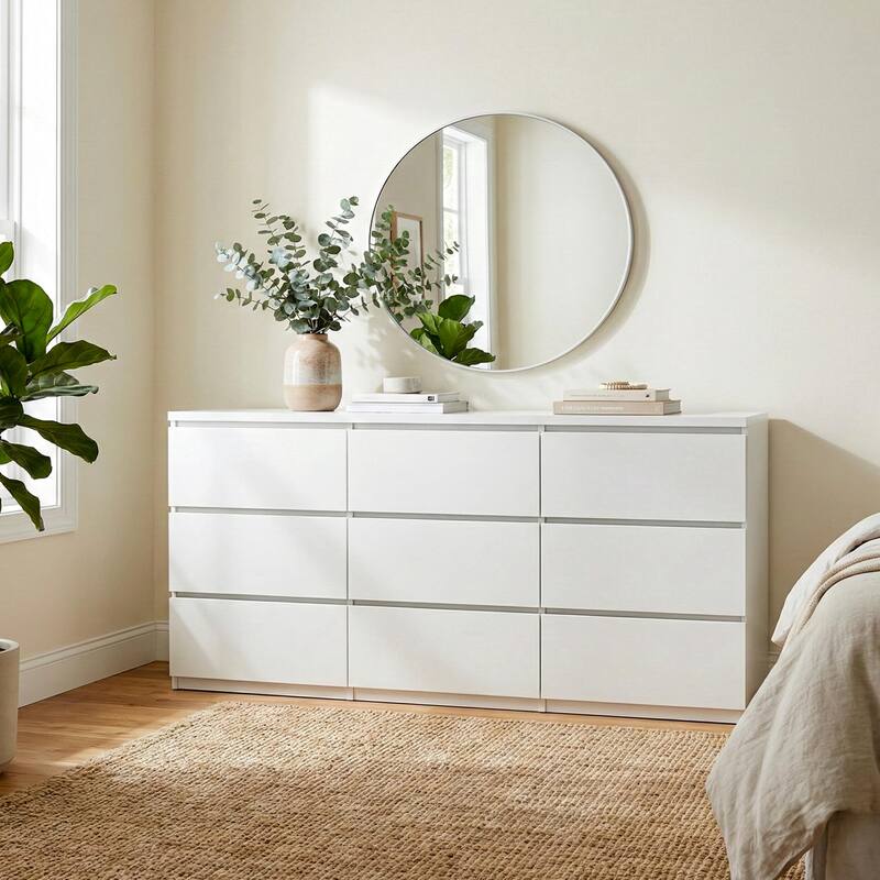 63" Wooden Dresser Cabinet with 9 Drawers, Entryway Chest of Drawers Dressing Table TV Console Table - White