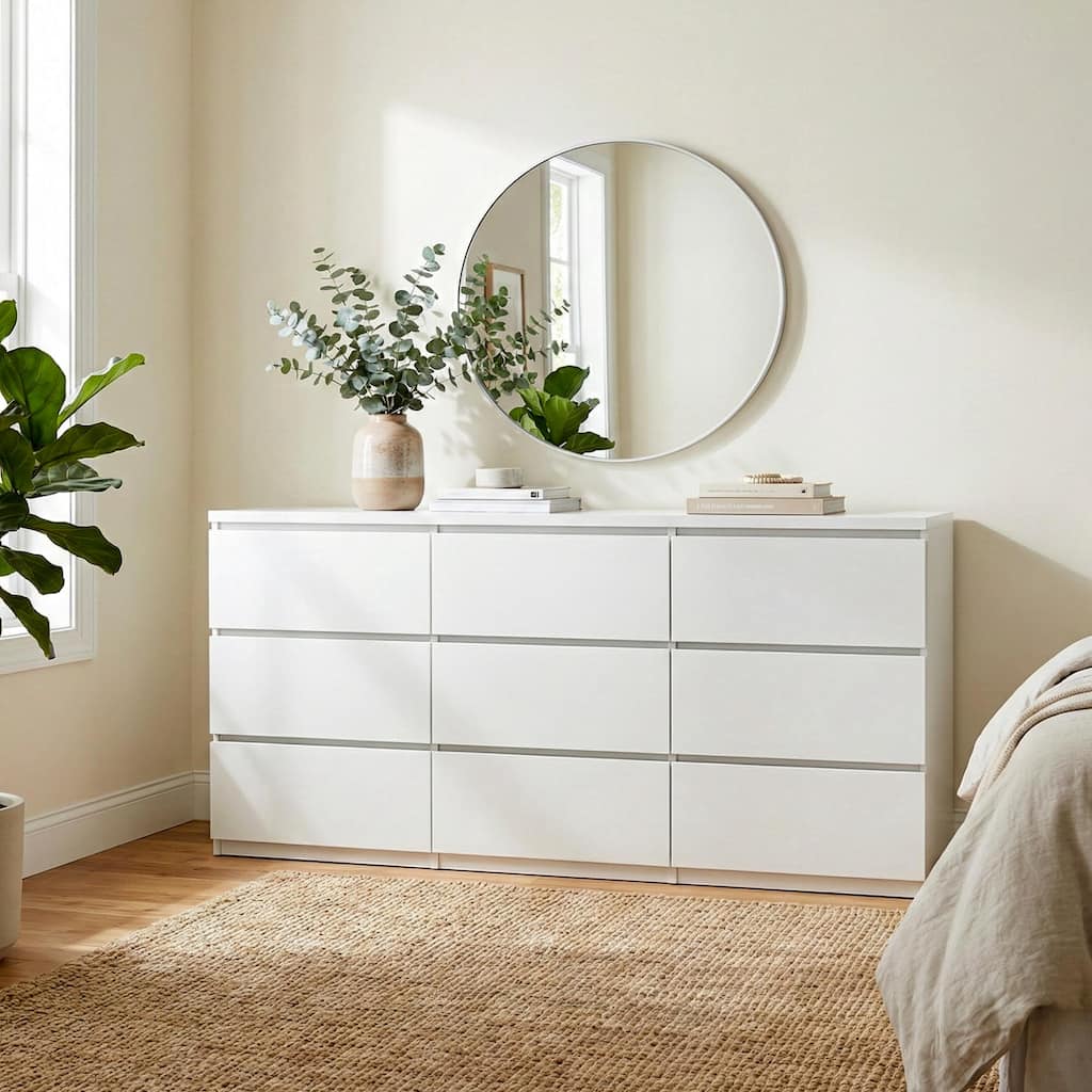 9-Drawer Dresser Chest of Drawers with No-Handle, Minimalist Sideboard White Wardrobe Armoire Closet