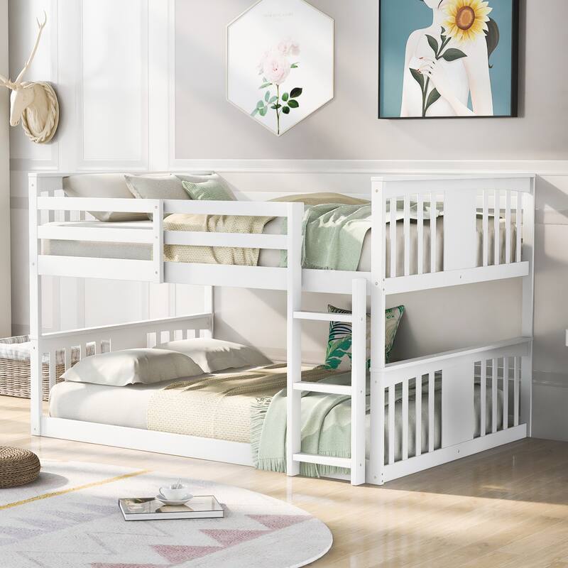 White Full Over Full Bunk Bed with Ladder, Space-Saving Design, Sturdy Pine Frame - White
