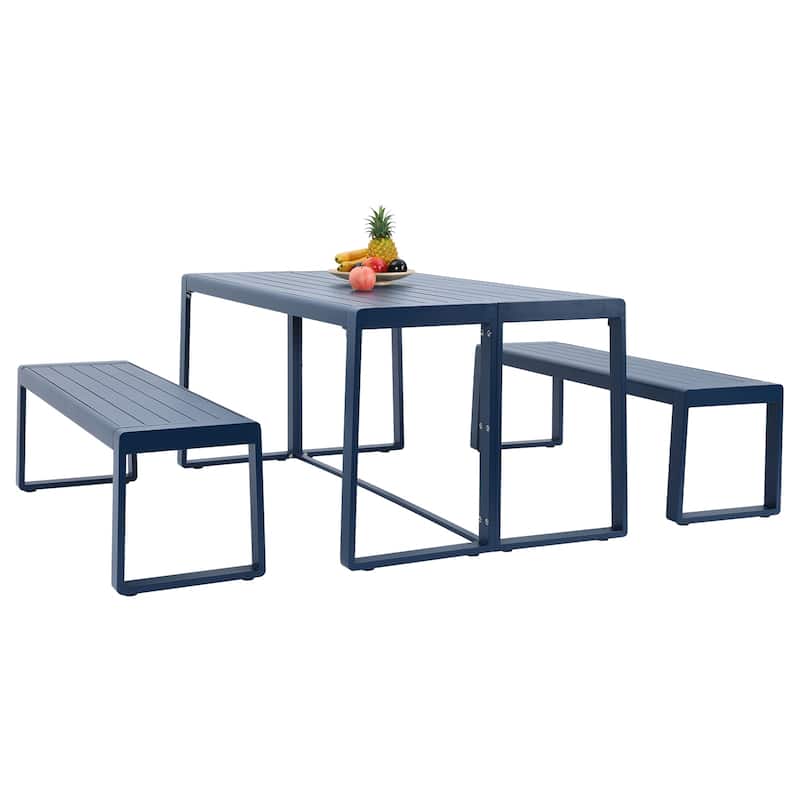 Aoodor 3-Piece Outdoor Patio Dining Set, Aluminum Furniture Set with 1 Rectangular Picnic Table and 2 Benches - N/A - Navy Blue