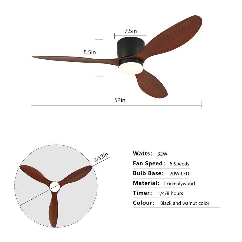 52-inch Ceiling Fan with Light, Ultra-Slim Flush-Mount Design, 3 ABS Plastic Blades, Remote Control Included