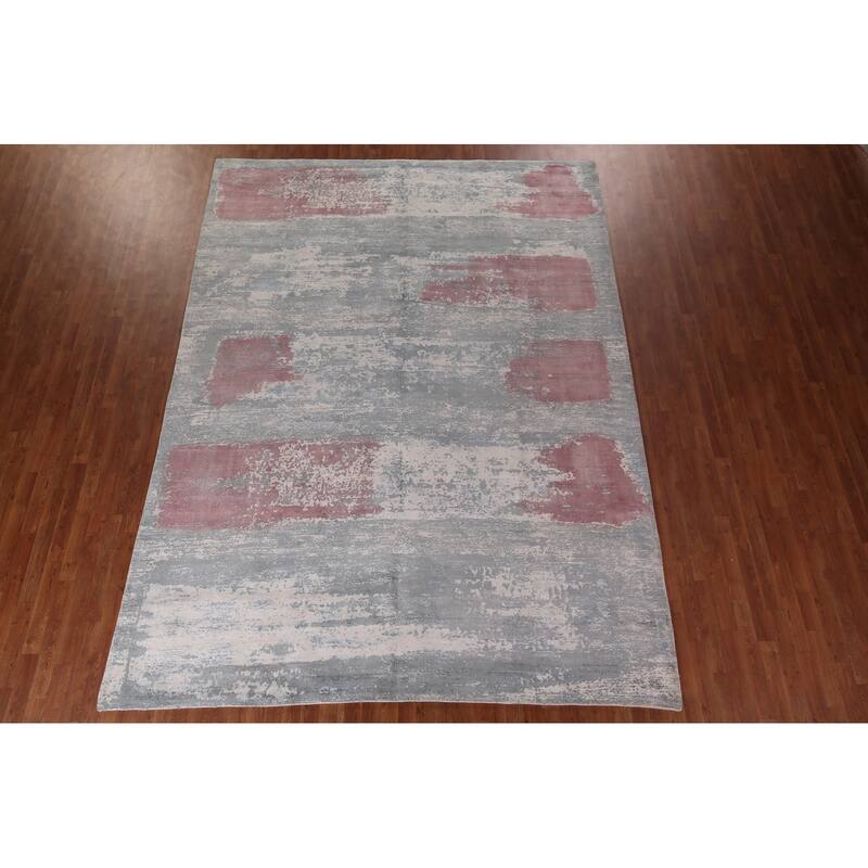 Gray Abstract Indian Area Rug Hand-Knotted Wool Carpet - 8'11"x 11'11"