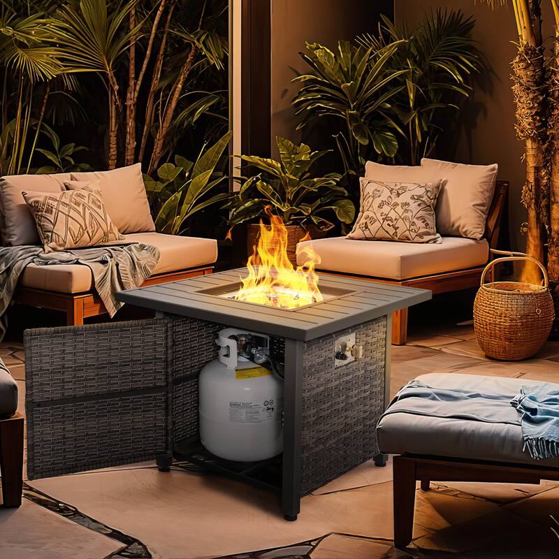 Outdoor 30’’ Square Rattan Fire Pit Table with Metal Lid, Brown
