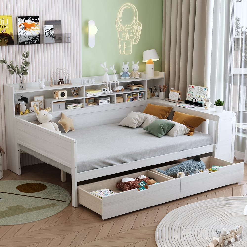 Multi-functional Daybed with Storage Shelves, Drawers and Study Desk