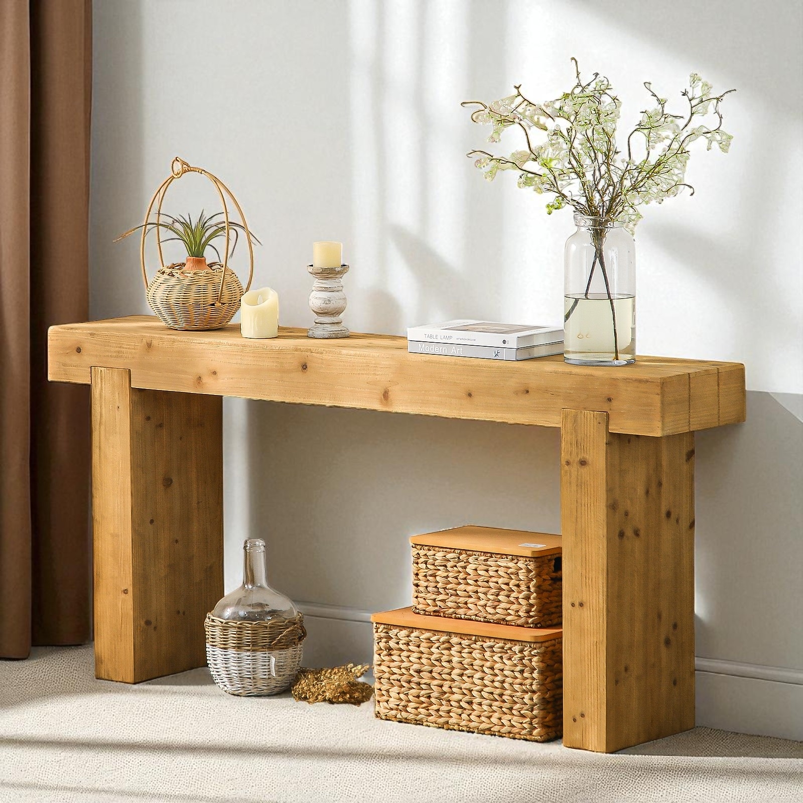 63" Solid Wood Console Table with Rustic Farmhouse Design, Narrow Entryway Hallway Sofa Table