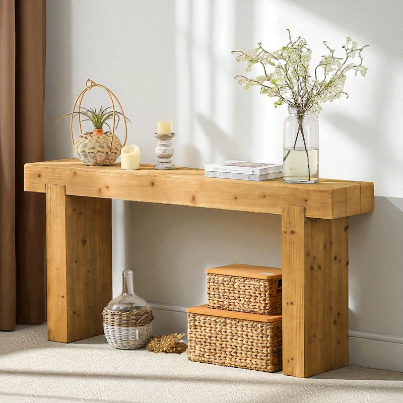 63" Solid Wood Console Table with Rustic Farmhouse Design, Narrow Entryway Hallway Sofa Table - Natural