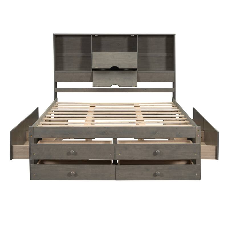 Queen Size Platform Bed with Storage Headboard & 8 Drawers - Gray