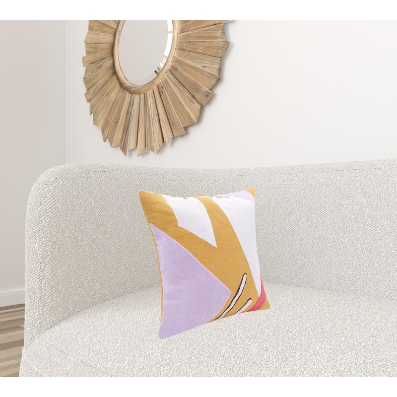 HomeRoots 20" X 20" Yellow Purple Off-White And Coral 100% Cotton Abstract Zippered Pillow