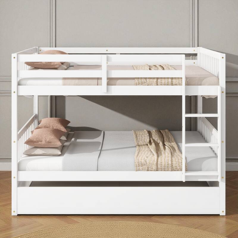 Full Over Full Rubber Wood Bunk Bed with Trundle, Convertible into Two Full Beds, Ladder and Guardrails Included - White - Full