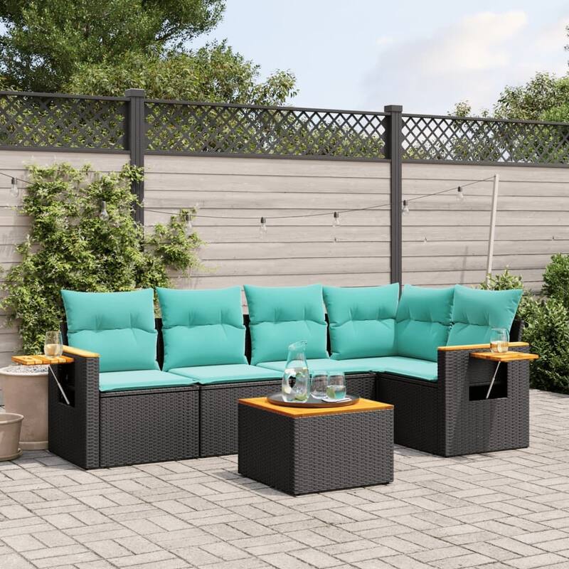 vidaXL 6 Piece Patio Sofa Set with Cushions Black Poly Rattan (US only) - 24.4 x 24.4 x 27.2